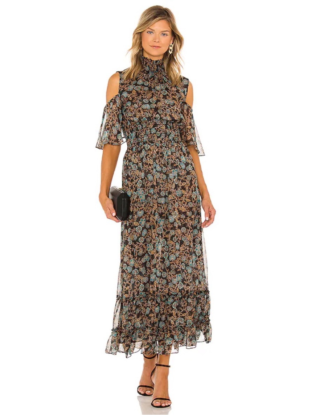 Misa Los Angeles Plum Cold Shoulder Chiffon Dress in Goldleaf Floral Size Medium
